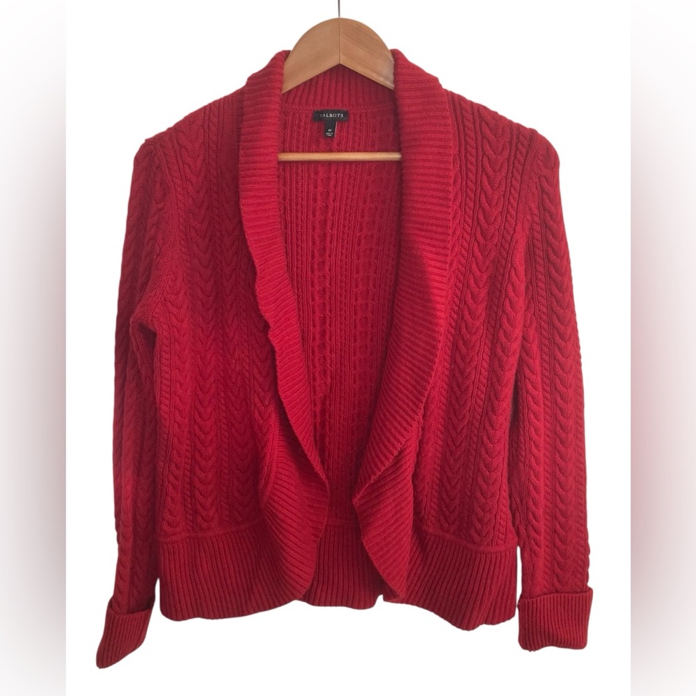 Talbots MediumGarnet Red Cable Knit Open Front Cardigan Sweater Lambswool Nylon